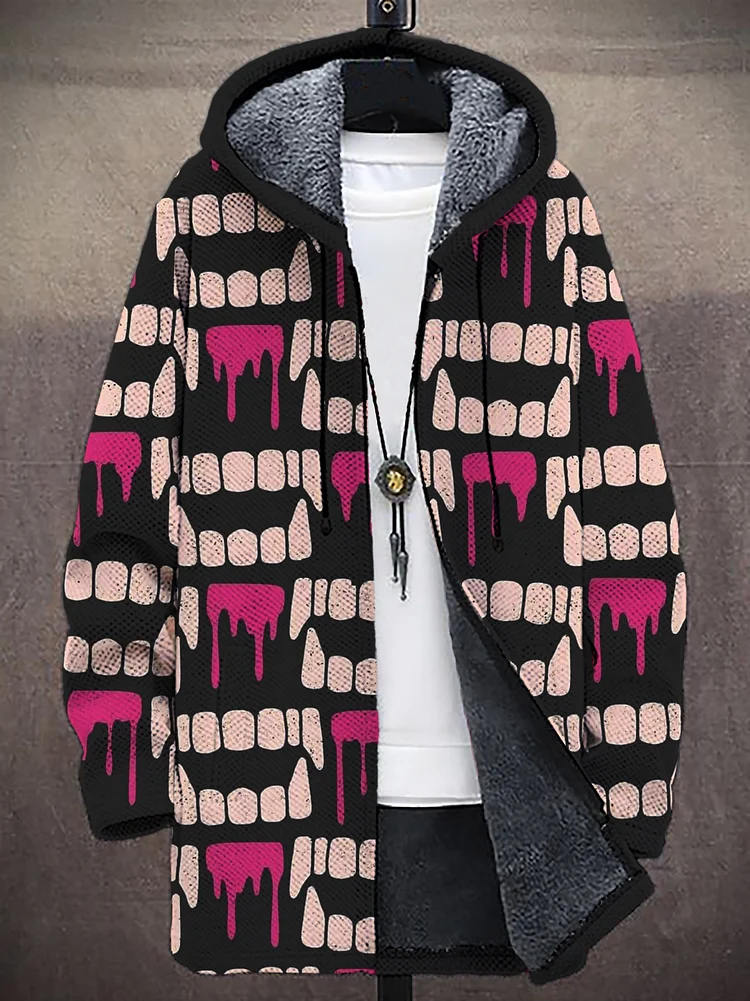 Men's Halloween Vampire Teeth Art Print Fleece Lined Hooded Trench Coat