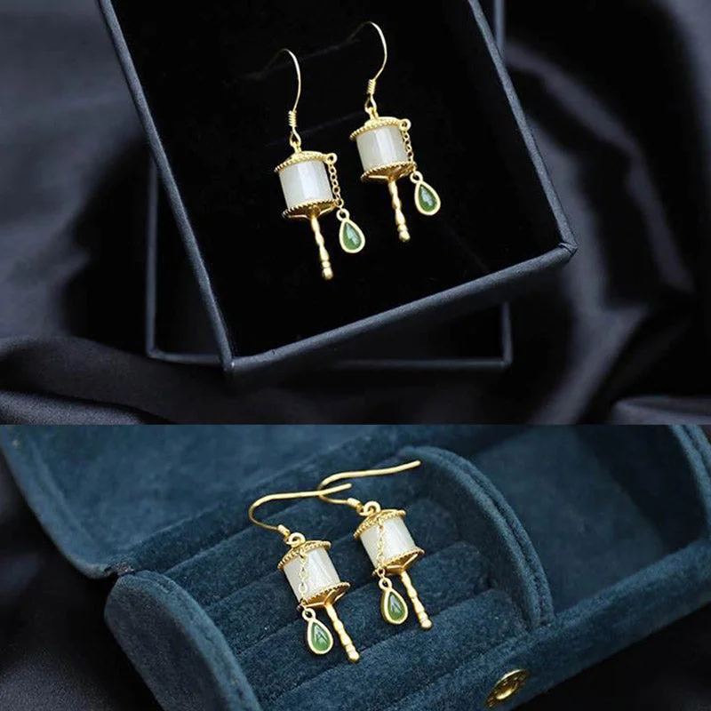 925 Sterling Silver Jade Prayer Wheel Luck Drop Earrings