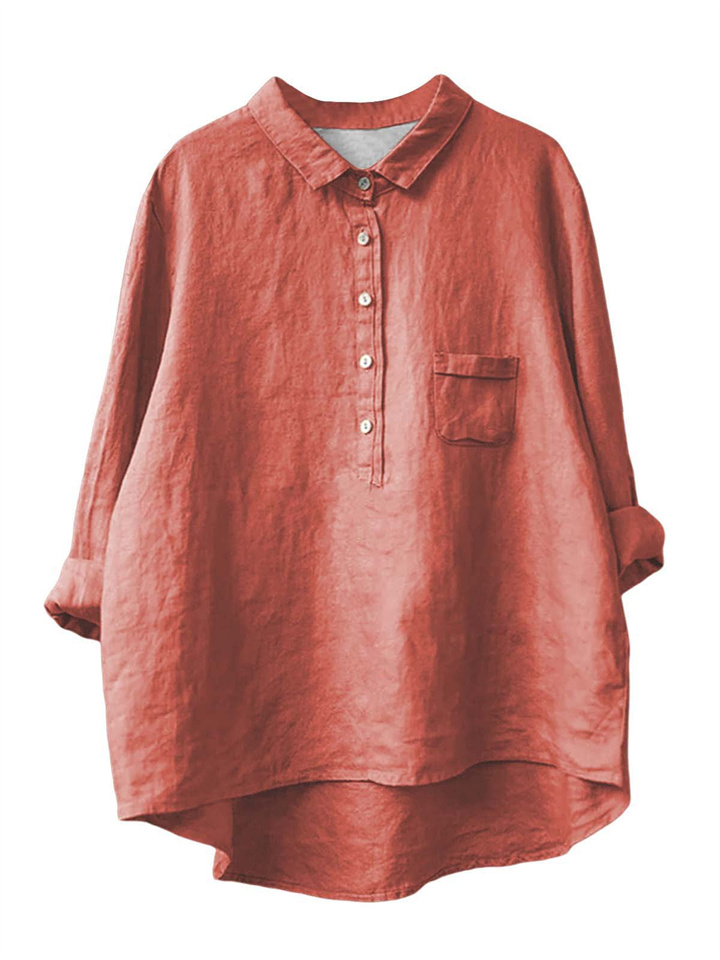 Women's New Long-sleeved Chinese Style Bamboo Hemp Printing Fashionable Versatile Lapel Solid Color Shirt