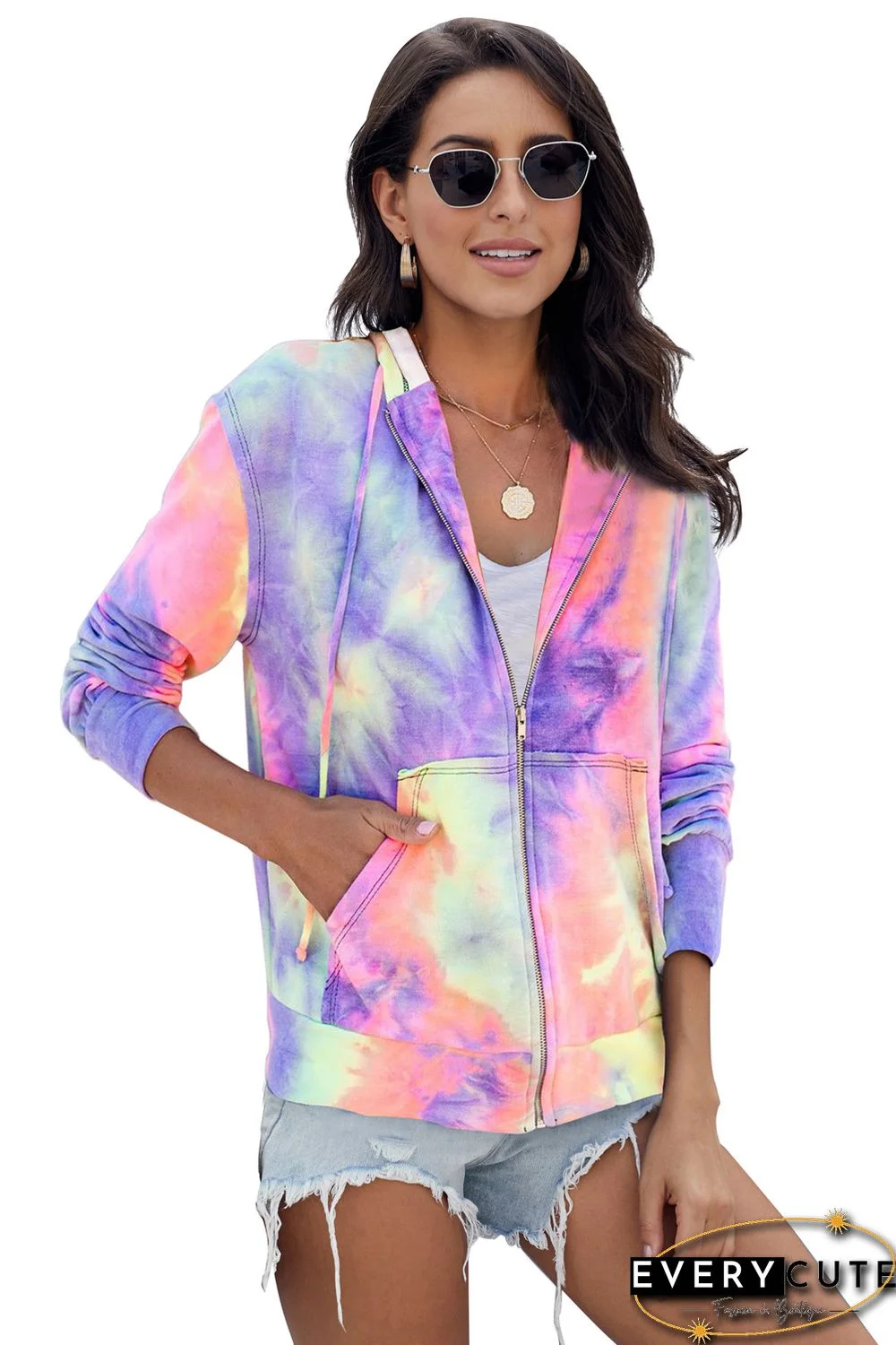 Multicolor Tie-dye Pocket Zip Up Hoodie