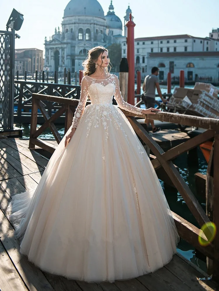 Ball Gown Long Sleeve Wedding Dress Applique Tulle Bridal Gowns 