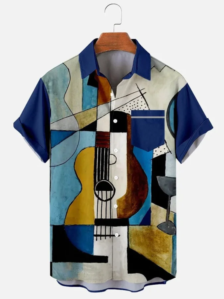 BrosWear Leisure Vacation Oil Painting Guitar Lapel Short-Sleeved Shirt