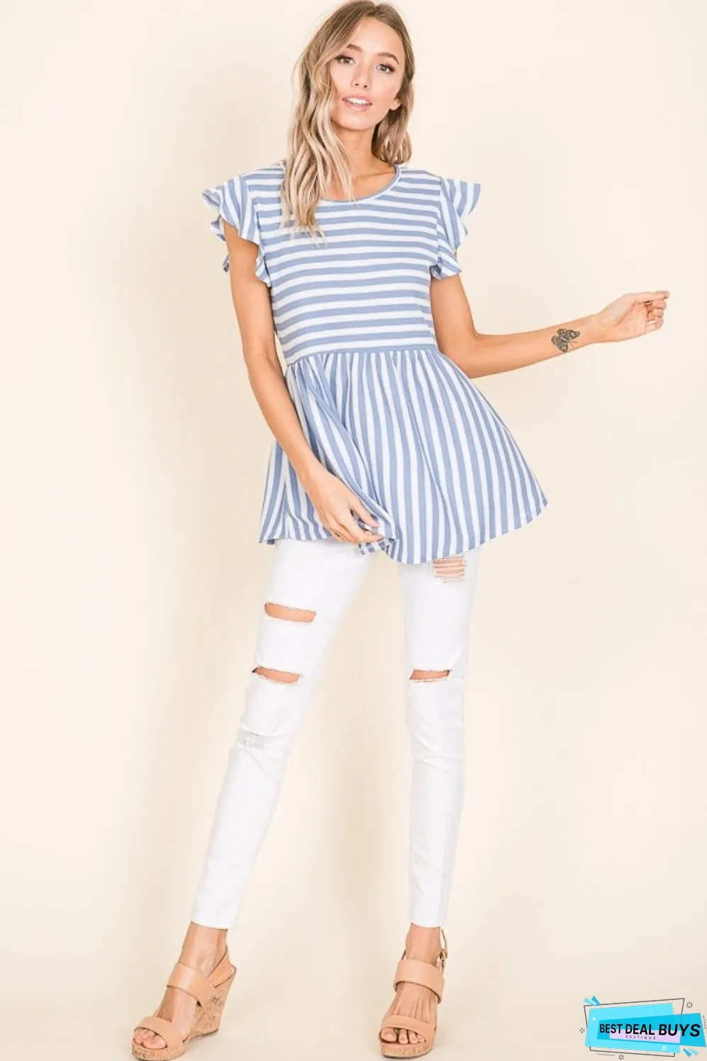 BOMBOM Striped Round Neck Blouse