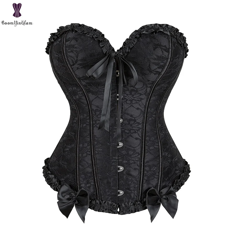 Victorians Women Pleated Trimmed Korset Lace Up Overbust Corset Bustier Outfit Plus Size G-String 805#