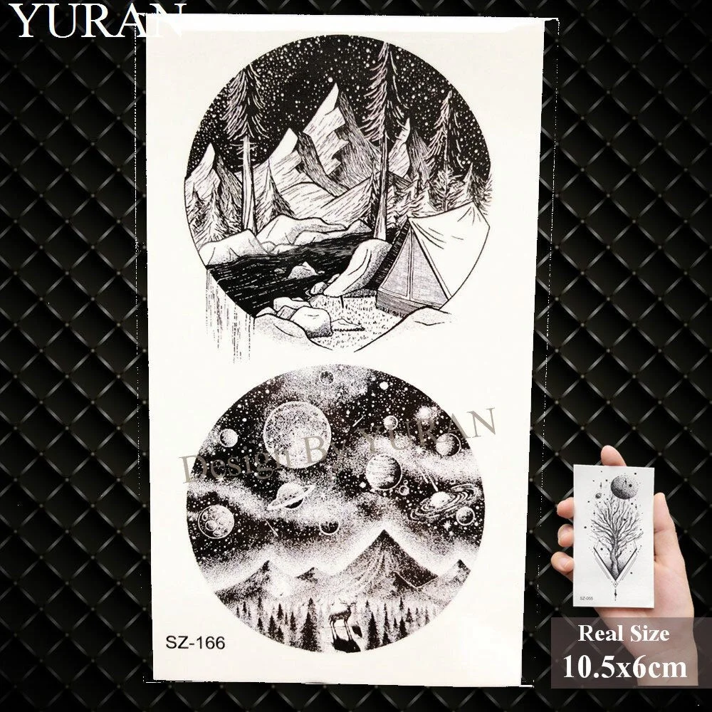 YURAN Black Mountain River Geometric Tattoo Stickers Women Body Arm Moon Temporary Tattoo Men Ankle Wolf Round Fake Tatoo 3D