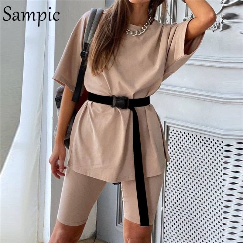 Sampic Fashion White Khaki Sexy Women Summer O Neck Short Sleeve Shirt Tops And Bodycon Shorts Bottom Suit Two Piece Sets Outfit