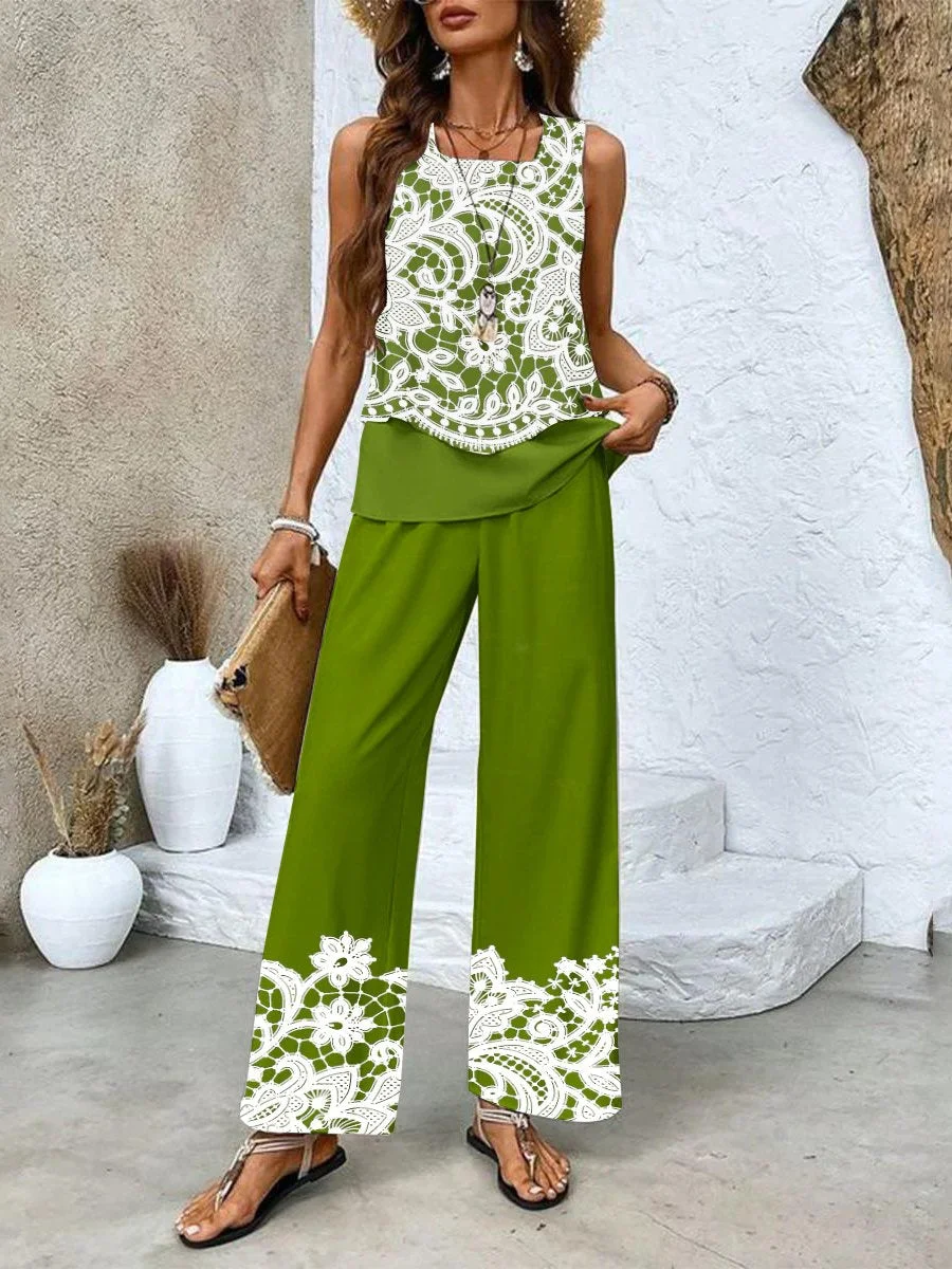 Women's Sleeveless Square Collar Floral Printed Casual Set