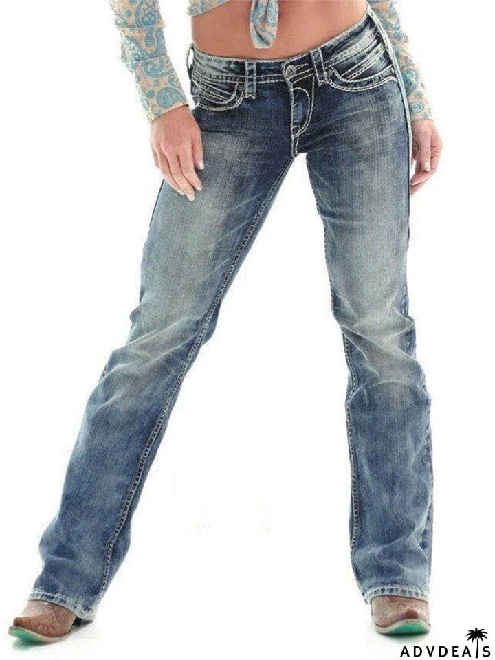 Female Washed Stretchy Blue Mid Rise Straight Leg Jeans