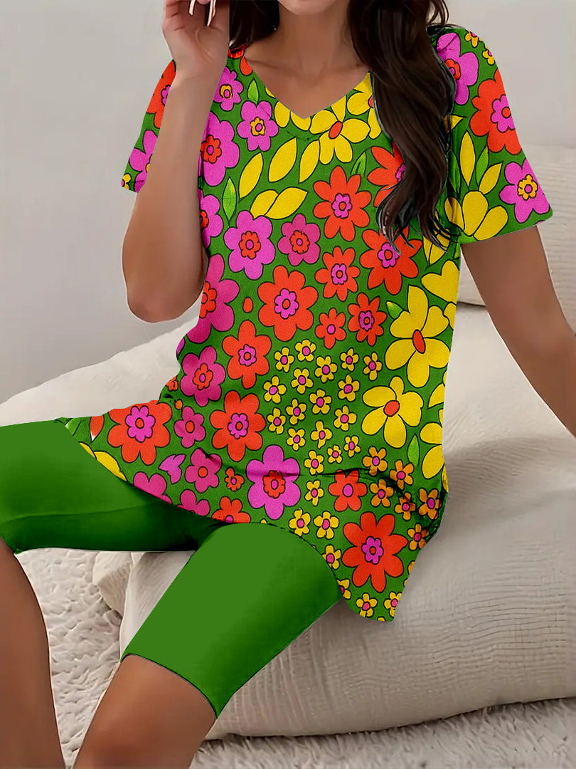 Women Long Sleeve V-neck Graphic Floral Printed Top