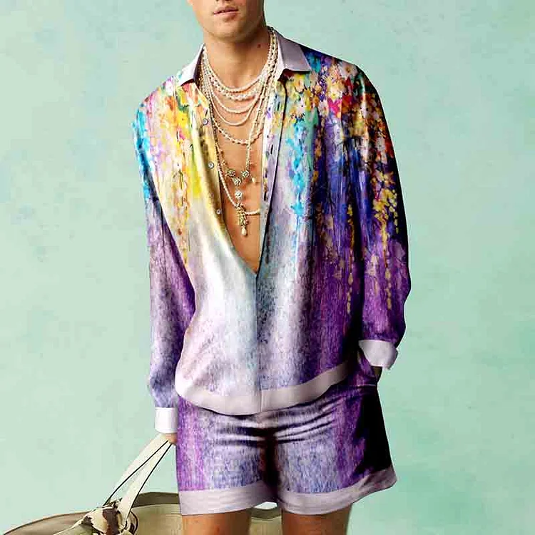 BrosWear Purple Gradient Flowers Oil Painting Print Shirt And Shorts Co-Ord