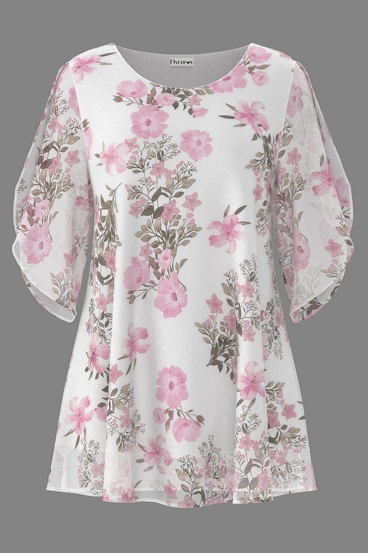 Flycurvy Plus Size Casual Pink Chiffon Floral Print Double Layer Asymmetrical Sleeve Blouses  flycurvy [product_label]