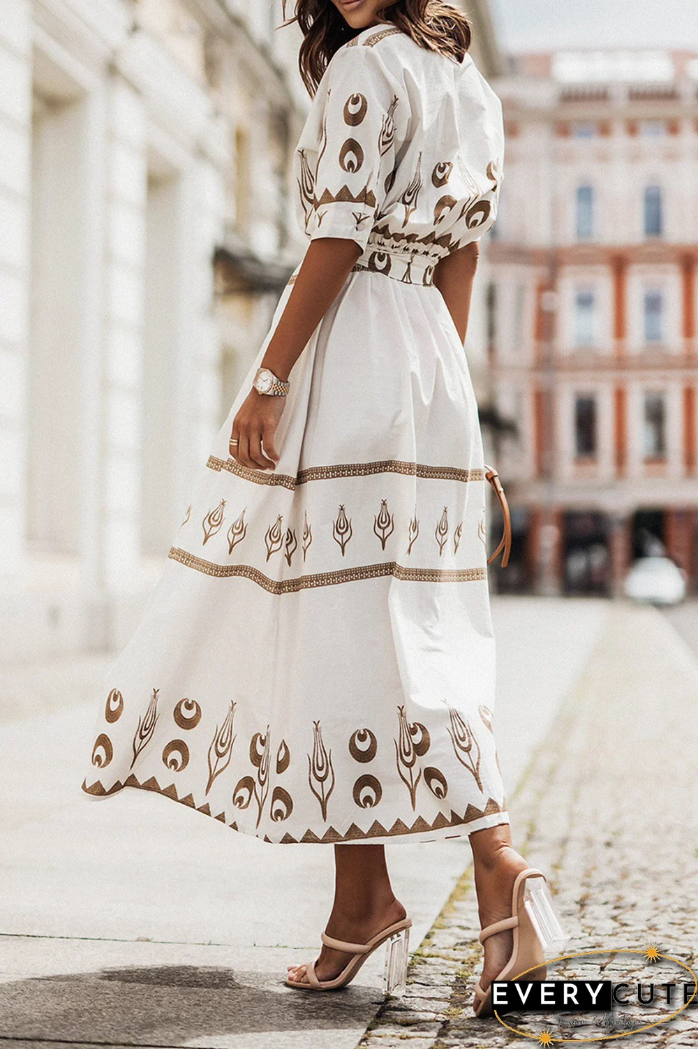 Casual Print Patchwork O Neck Shirt Dress Dresses(3 Colors)