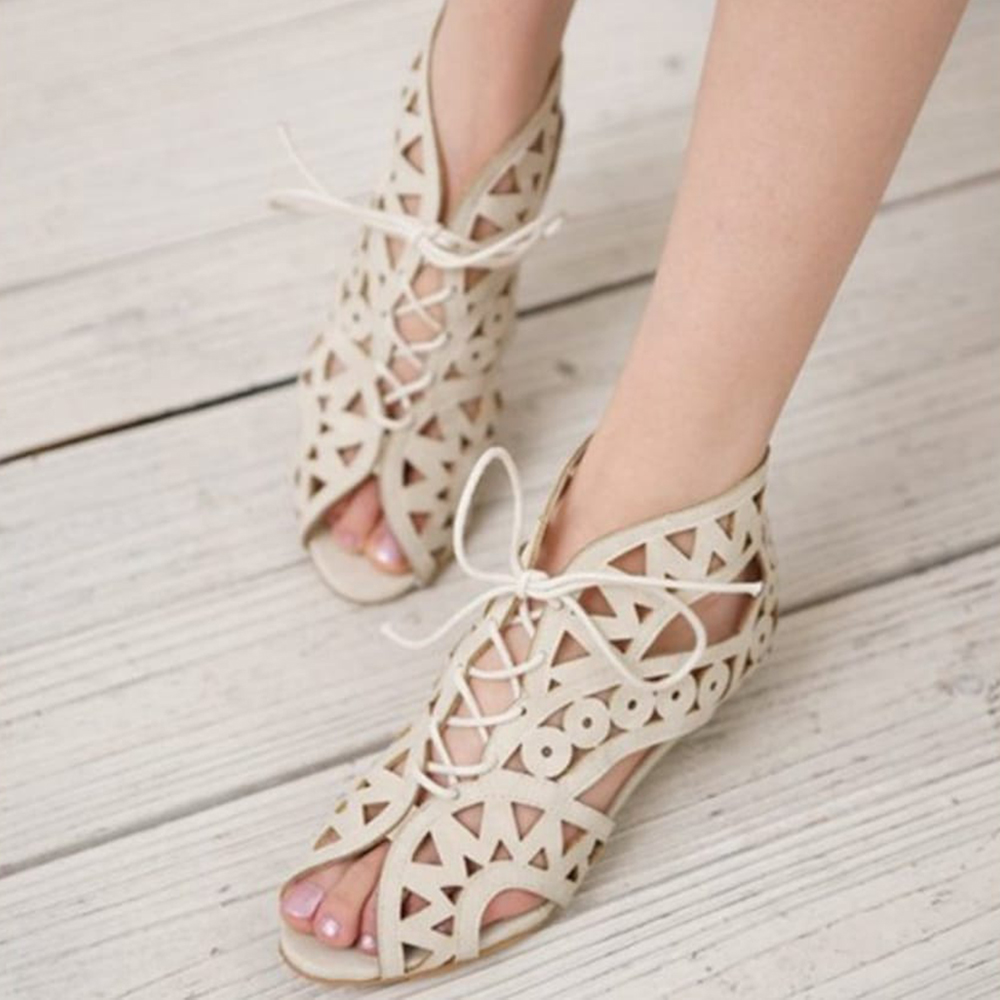 Beige Open Toe Wedge Heel Cut Out Lace Up Sandals Nicepairs