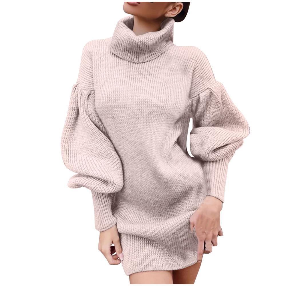 Knit Sweater Casual Lantern Sleeve Turtleneck Long Sleeves Sweater Dress