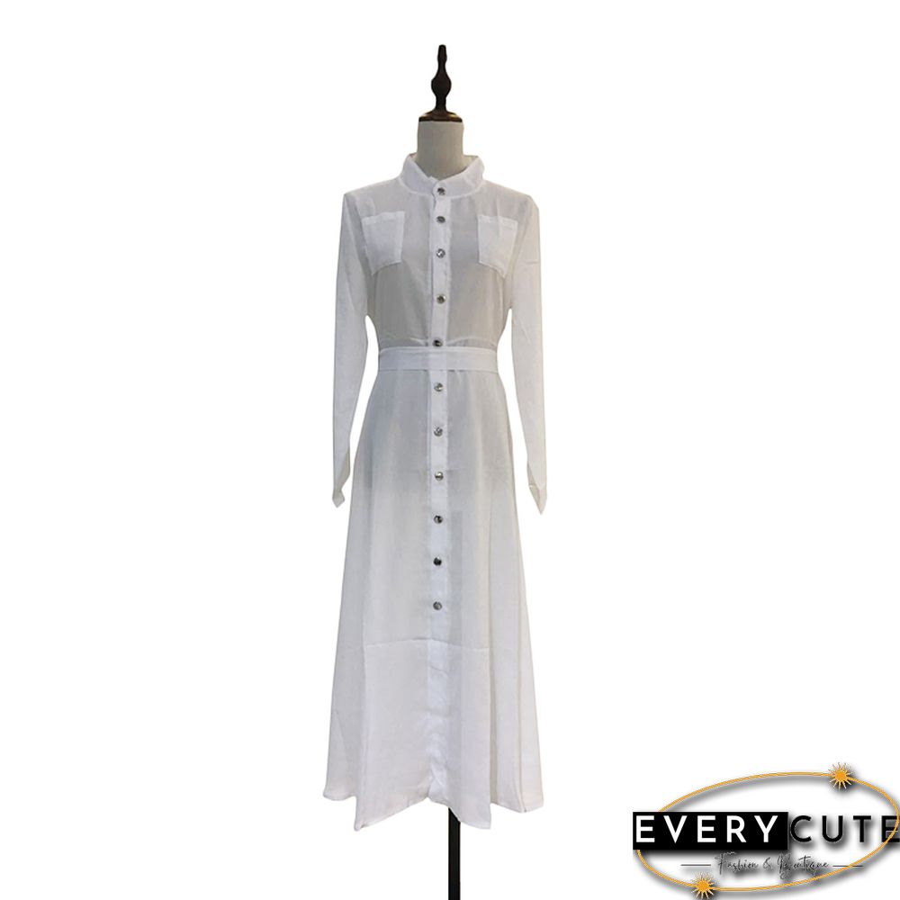 White Long Sleeve Button Down Maxi Shirt Dress