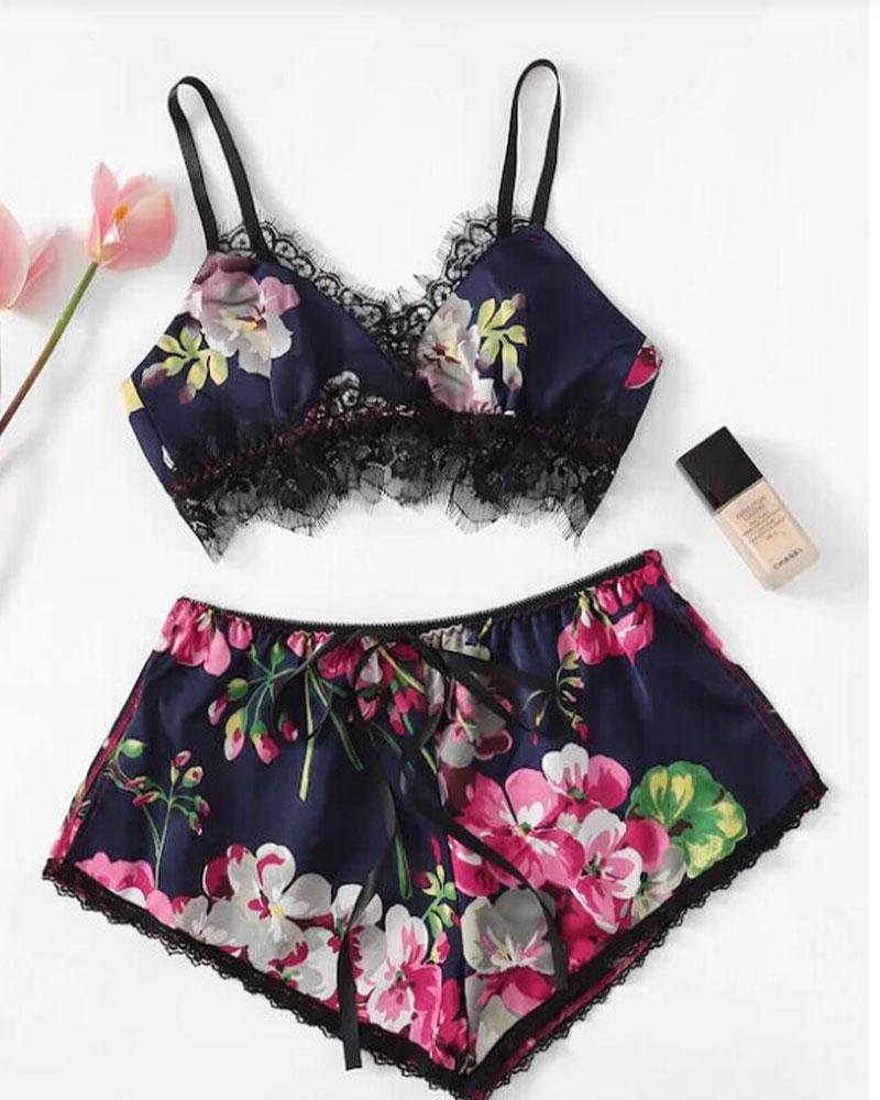 Floral Pattern Drawstring Lace Pajama Set