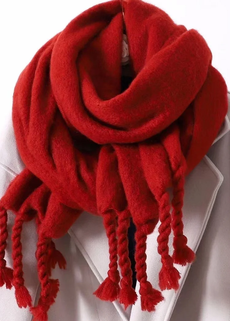Women Red Tasseled Faux Warm Cashmere Scarf