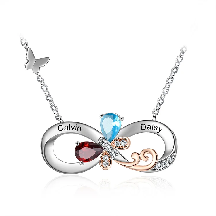 Personalized Infinity Butterfly Necklace Custom 2 Birthstones Necklace for Her