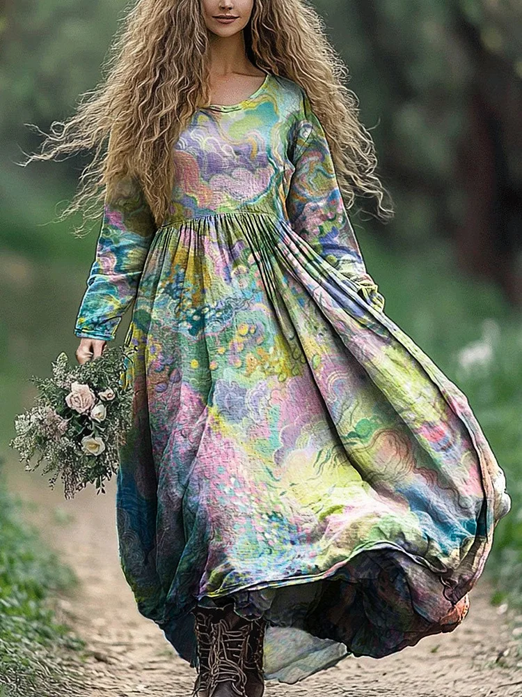 Women's Colorful Cloud Art Print Pocket Cotton Dress