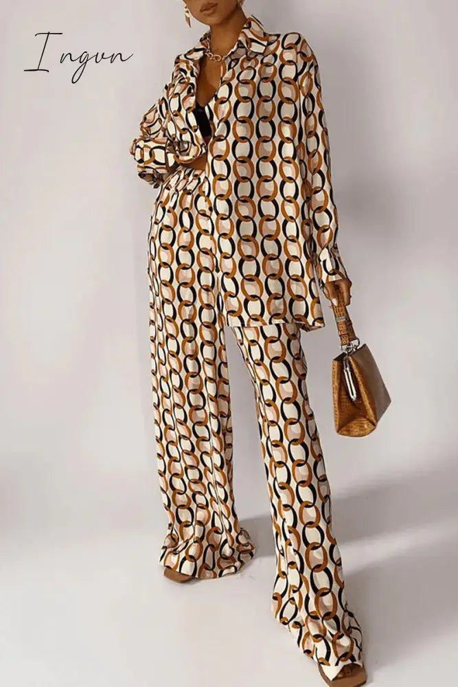 Ingvn - Casual Geometric Print Buttons Turndown Collar Long Sleeve Two Pieces White Yellow / S