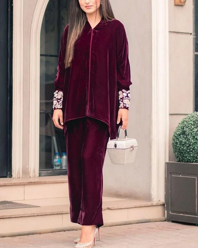 Elegant velvet V-neck top and trousers two-piece set