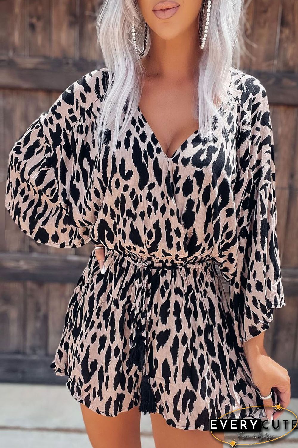 Leopard Print Crinkle Belted Deep V Neck Romper