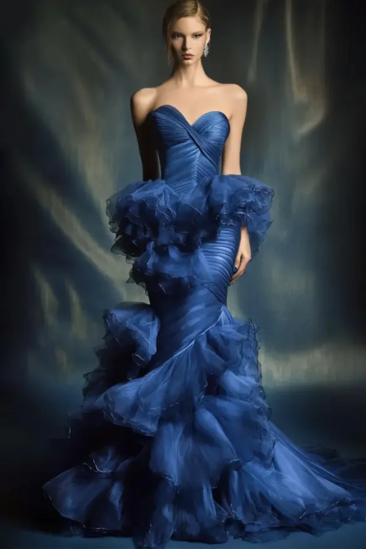Strapless Tulle Ruffle Layered Mermaid Maxi Dress-Royal Blue [Custom-Made]