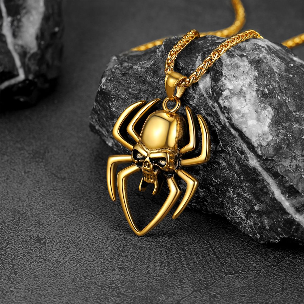 Gothic Skull Spider Necklace For Men Stainless Steel