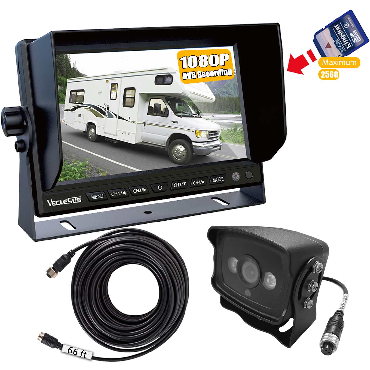 VECLESUS VMQD 1080P HD DVR Recording Wired Backup Camera with 7” IPS Car Monitor, Maximum Support 256G SD Card Parking/ Driving Assistance System for Trucks, RVs, Trailers, Buses, Large Vehicles HiSilicon V500 Chip and HiSilicon V300 Chip  GING