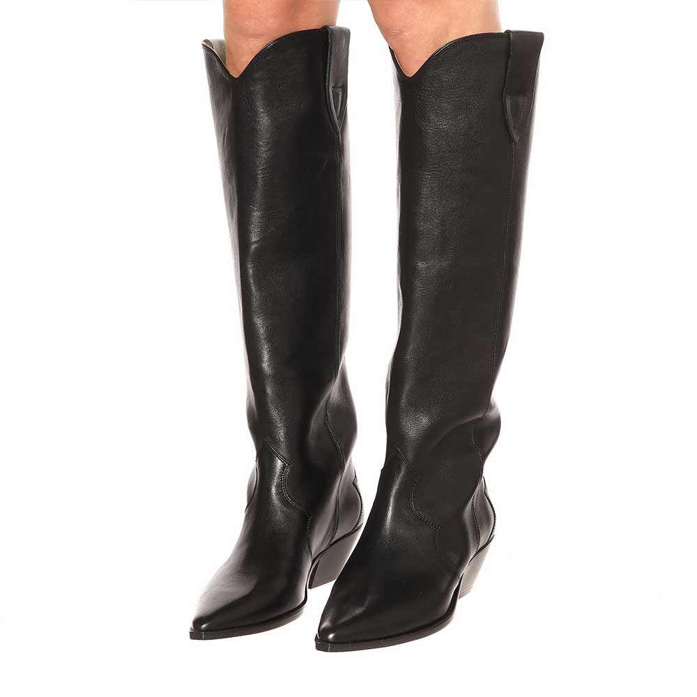 Black Vegan Leather Sophisticated Block Heeled Wide Calf Knee High Cowgirl Boots