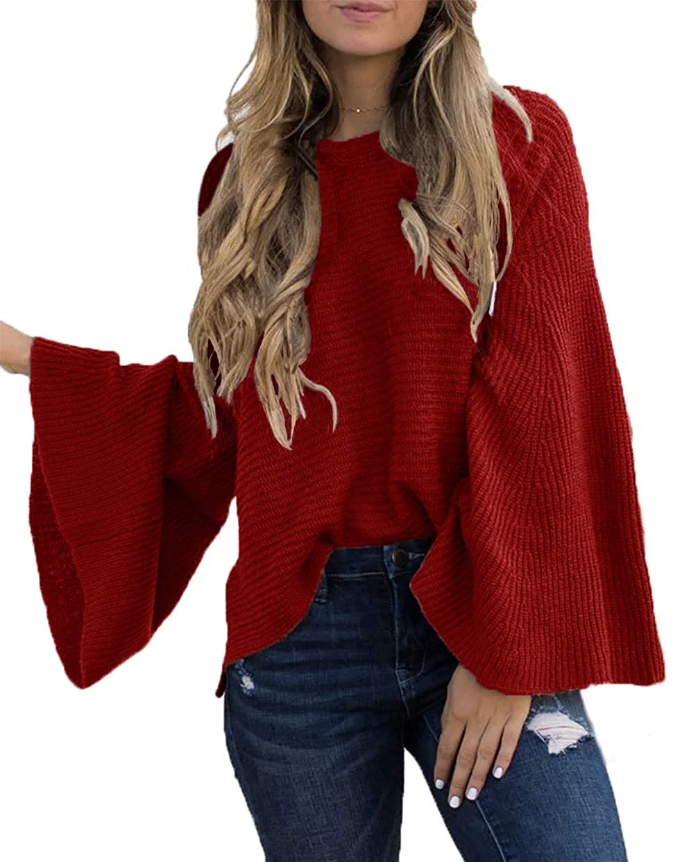 Women's Casual Kimono Bell Sleeve Patchwork Stripe Loose Fit V Neck Pullover Sweater Knitted Tops Blouse Cardigan (Yellow Small)