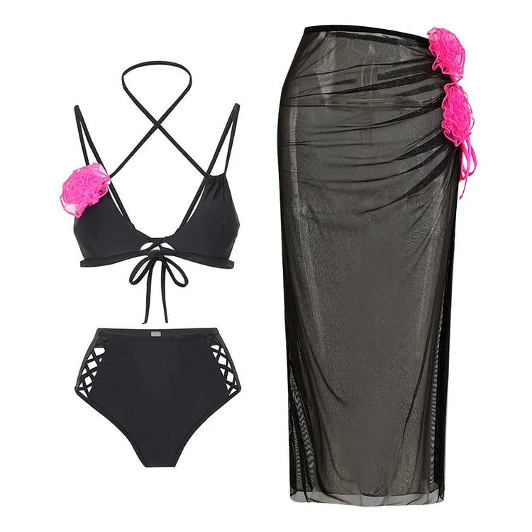 3D Flower High Waist Solid Color Bikini Swimsuit and Sarong