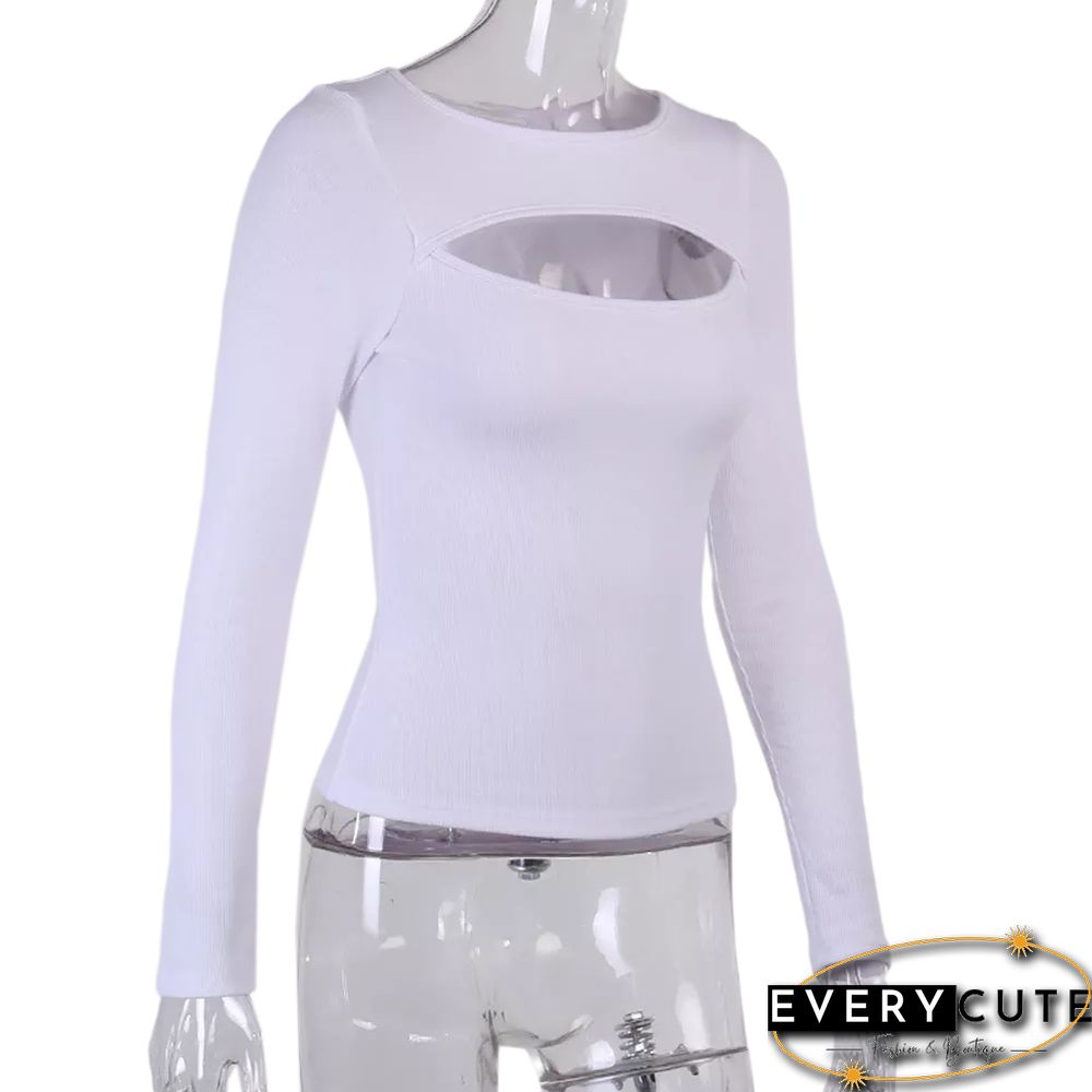 White Front Hollow Out Rib Long Sleeve Tops