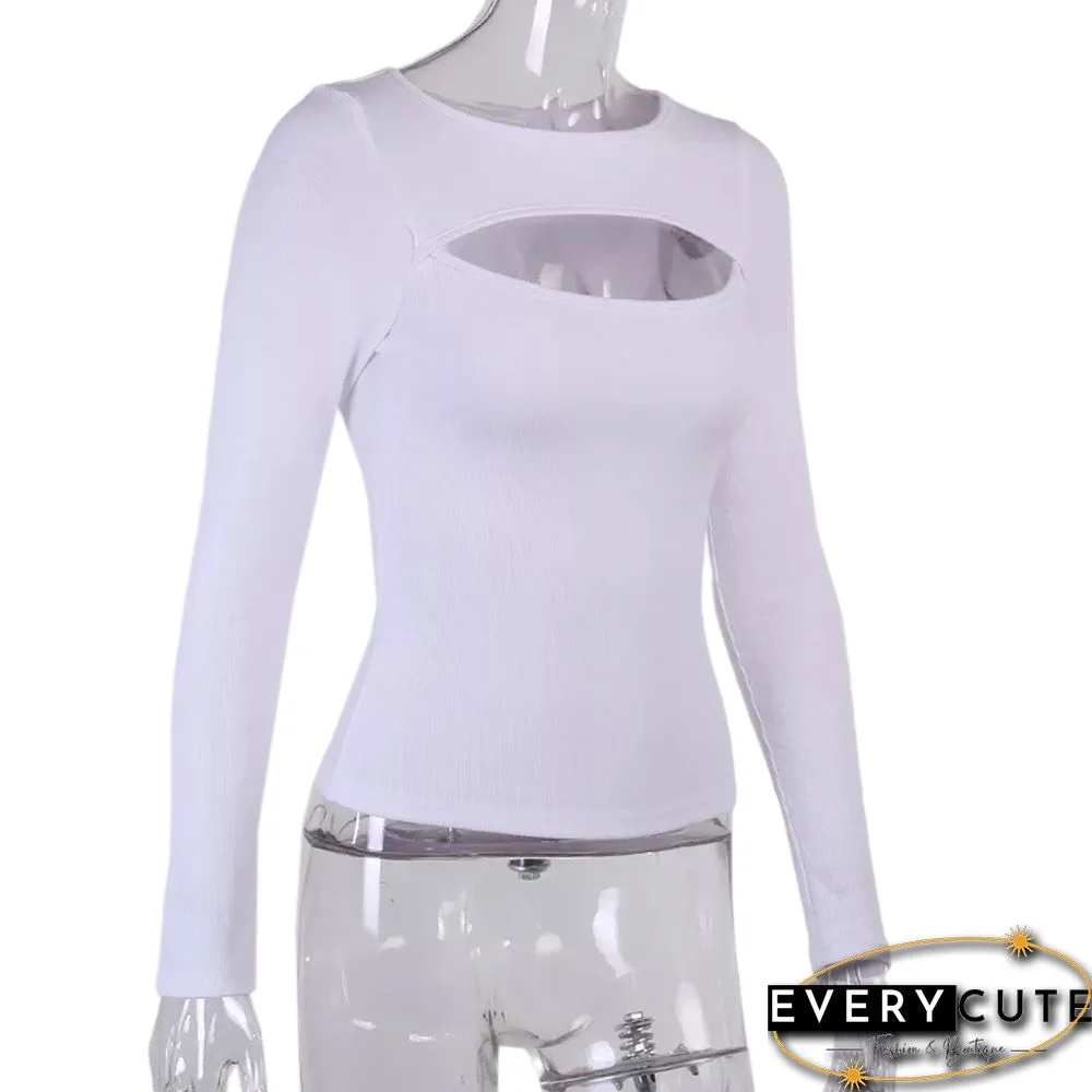 White Front Hollow Out Rib Long Sleeve Tops