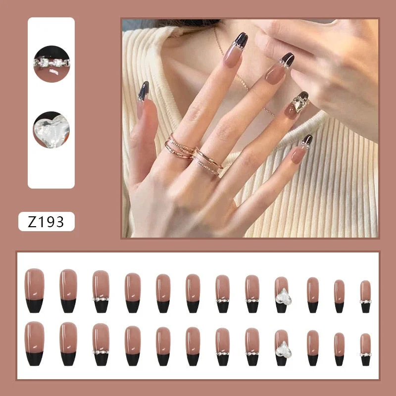 24Pcs Punk Babes Fake Nails With Glue Vintage Rhinestones Cross Design Long Ballet Coffin Press On Nails Detachable Manicure Tip