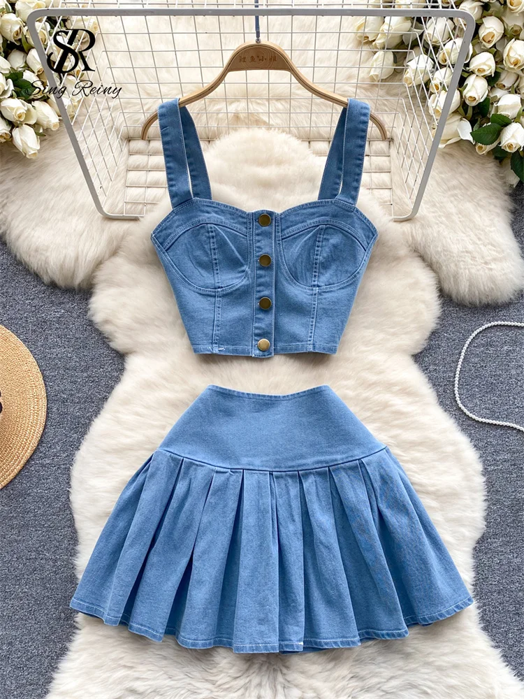 Huibahe Female Chic Retro Suits Strap Button Elasticity Short Tank+Pleated Mini Skirt Fashion Hotsweet Denim Two Pieces Set