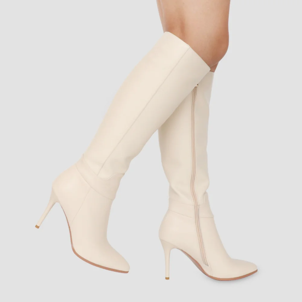 9.5cm Zipper Leather Mid Heels Knee Boots-MERUMOTE