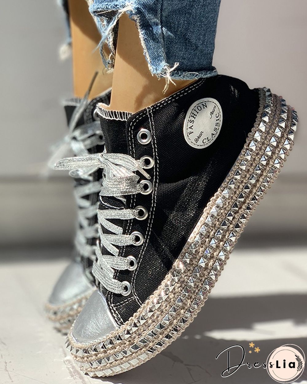 Leopard Rivet Embellished  Lace-Up Sneakers