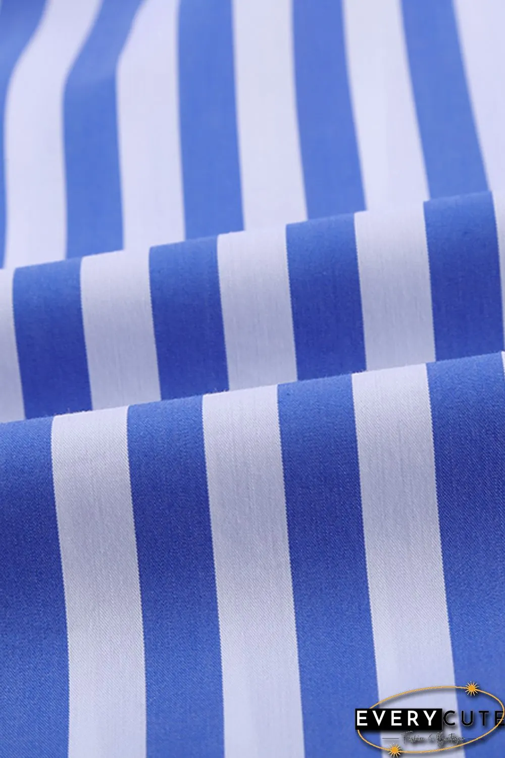 Sky Blue Striped Buttoned Ruffled Sleeve Blouse