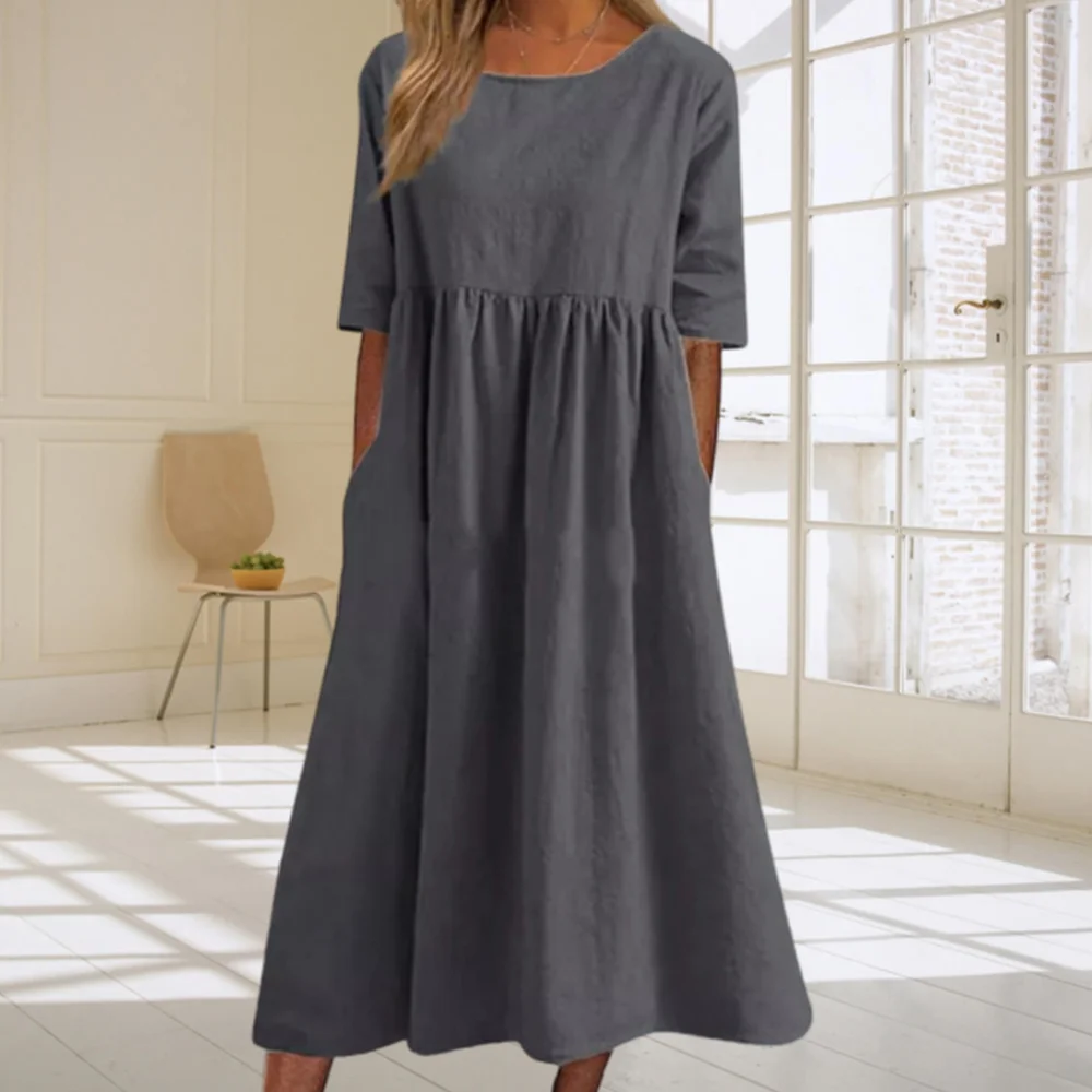 Smiledeer Summer new cotton and linen casual loose round neck dress