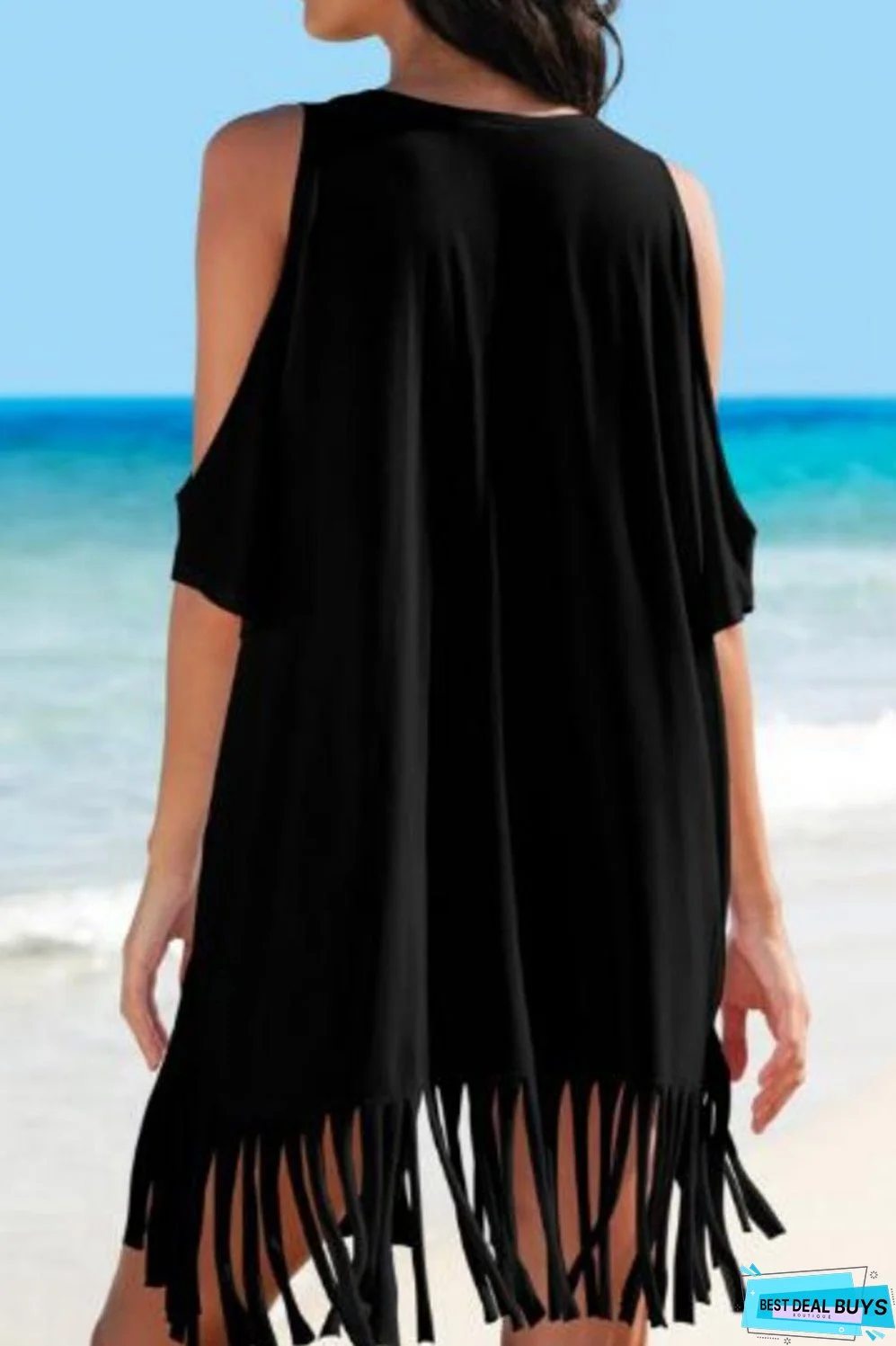 Fringe V-Neck Cold Shoulder Cover Up