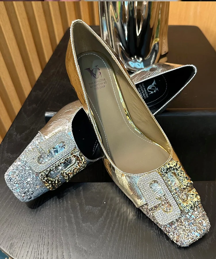Gold Zircon Splicing Chic Chunky High Heels Square Toe