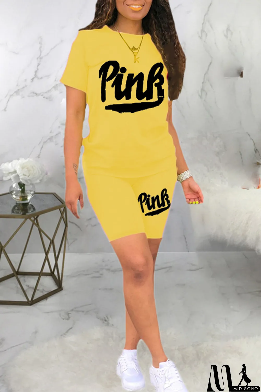 MidiSono - Black Fashion Casual Letter Print Basic O Neck Short Sleeve Two Pieces