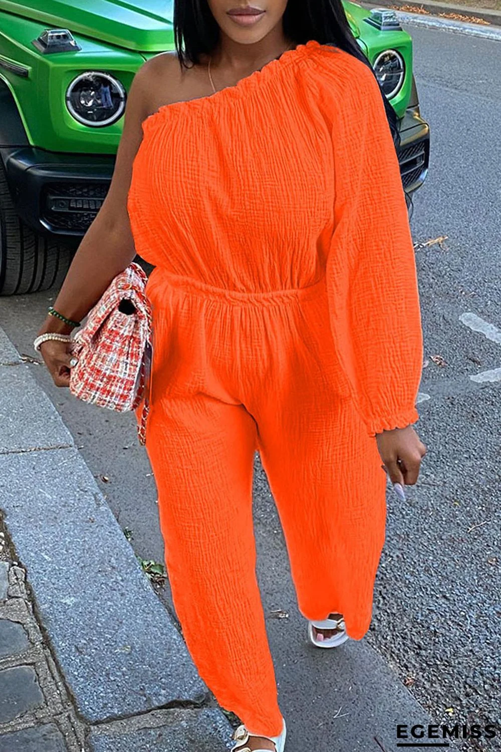 Tangerine Red Casual Solid Patchwork Oblique Collar Straight Jumpsuits | EGEMISS