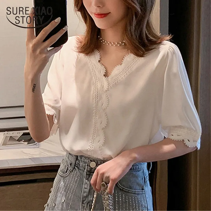 2021 New Summer Women Chiffon Shirt Short Sleeve Blouse Elegant Sweet V-neck Korean White Tops Hollow Out Fashion Blusas chic