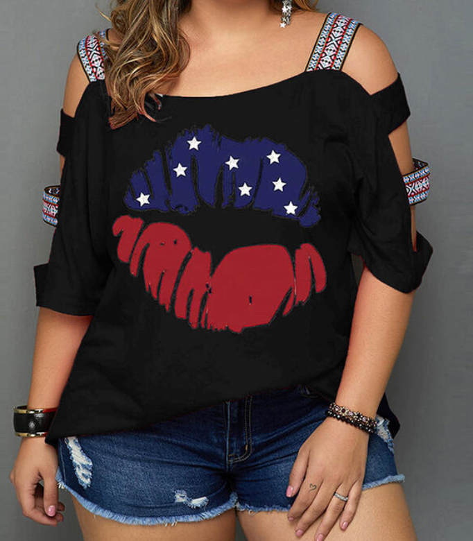Print Cold Shoulder 3/4 Sleeves Casual Plus Size Blouses