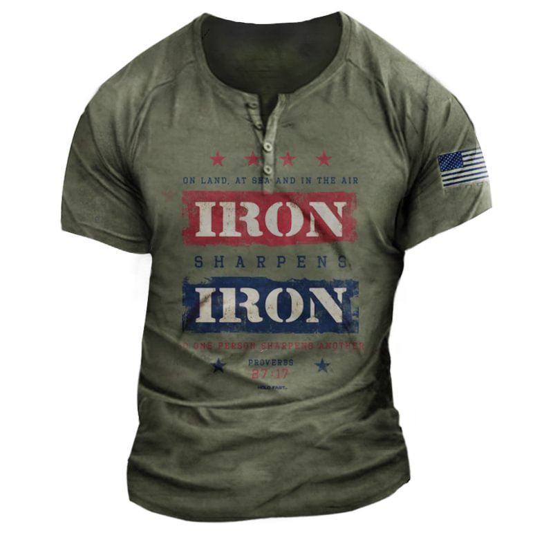 IRON Print Henley Collar Short Sleeve Men's T-Shirt-Compassnice®