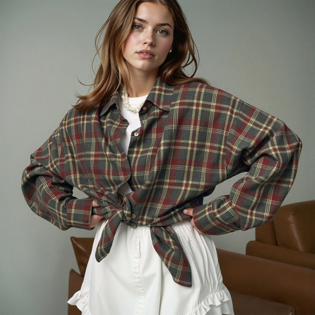 Amazon Cross-border Retro Style Versatile Lapel Loose Shirt 2024 Spring And Autumn Plaid Long-sleeved Pocket Women's Shirt