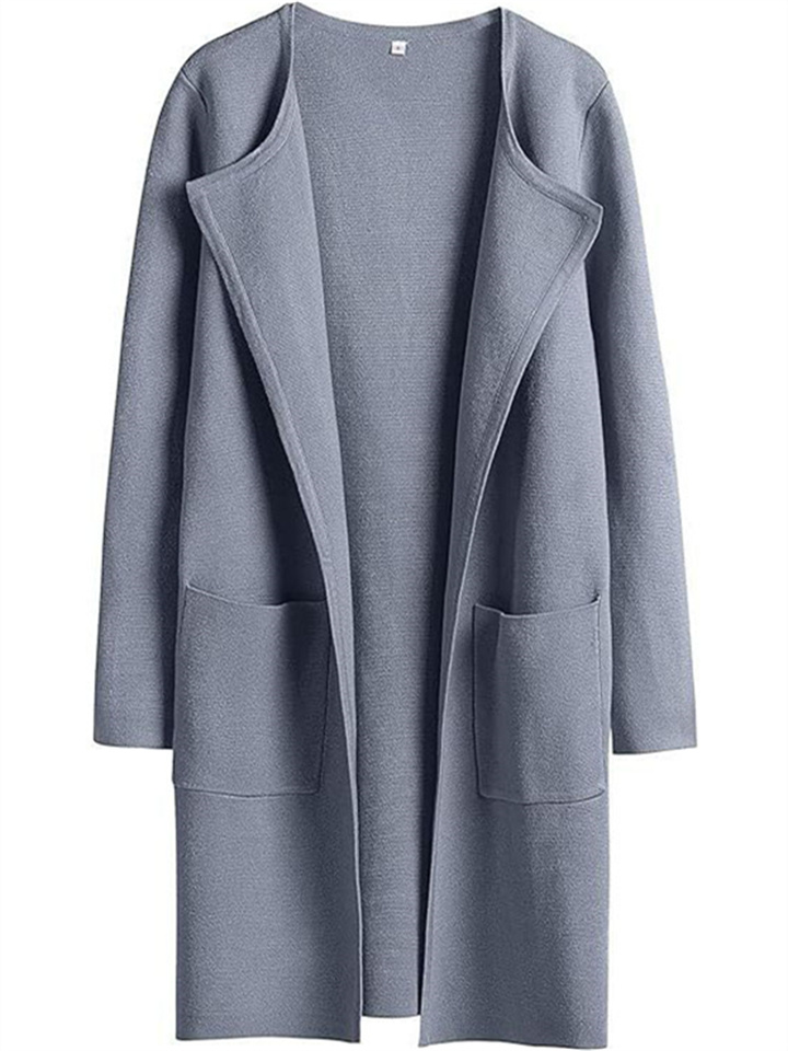 Casual Loose Temperament Commuter Women's Fashion Lapel Tweed Solid Color Long-sleeved Coat Tops Female Cardigan Jacket-JRSEE