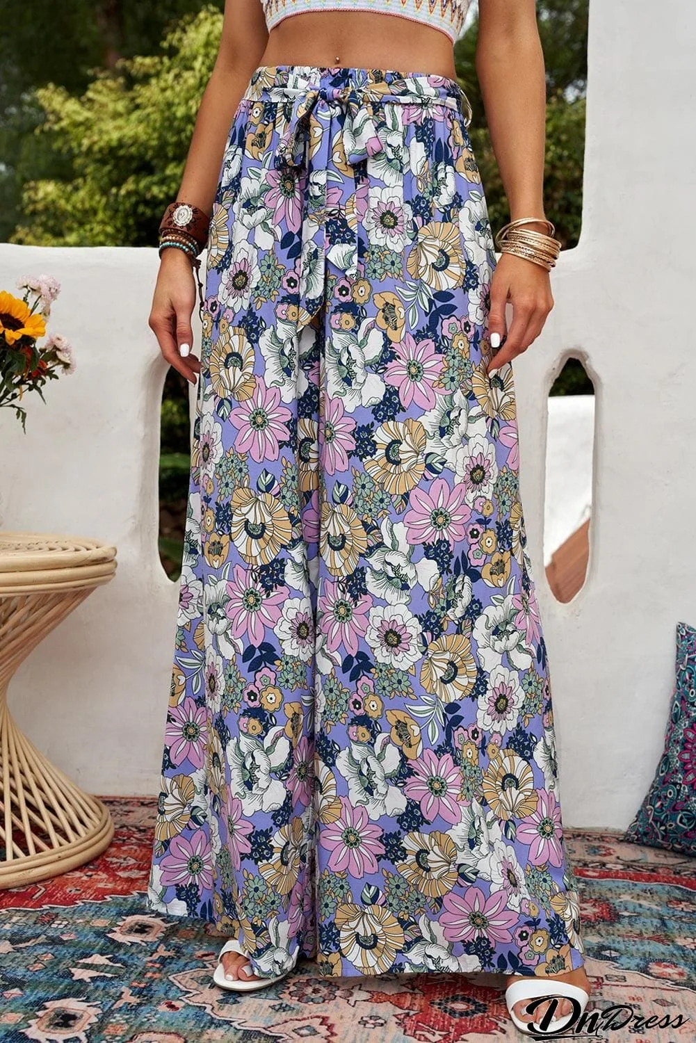 Floral Tie Belt Wide Leg Pants